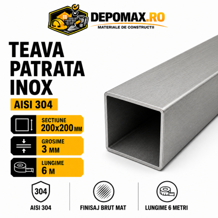 Teava patrata inox AISI 304, 200 x 200 x 3 mm, 6 metri